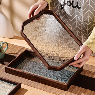 Begonia Embossed Glass Rectangular Snack Storage Retro Ornaments Walnut Tea Tray Tea Tray Fruit Cup