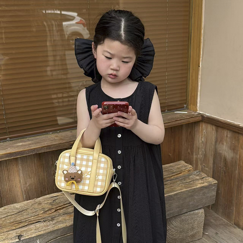 Bolso cuadrado pequeño para niños y niñas a cuadros de dibujos animados, mini cinturón de estilo occidental, bolso para niños, monedero para niñas lindas