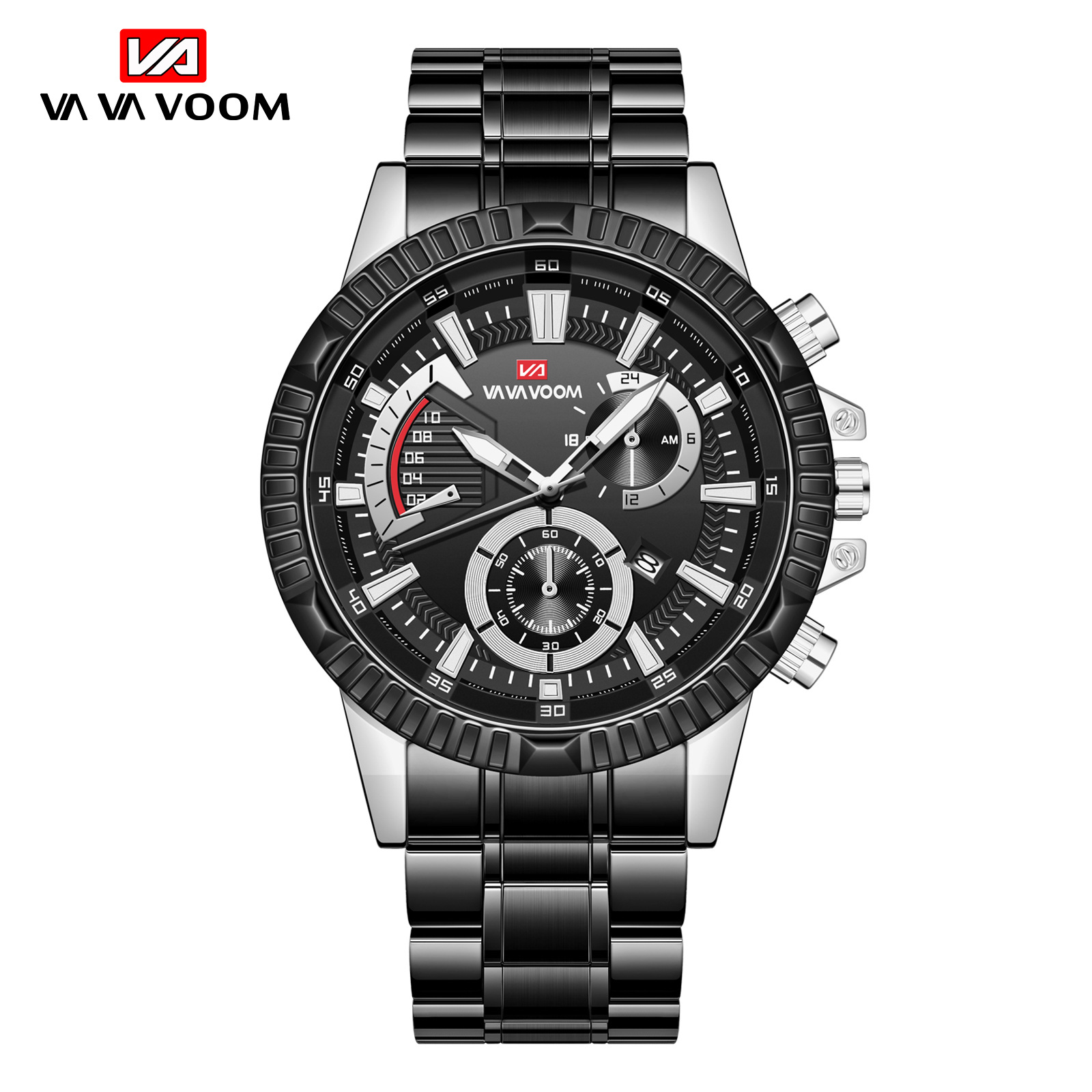 VAVA VOOM 2361 nuevo calendario de negocios casual falso movimiento de cuarzo de tres ojos reloj de correa de acero para hombres