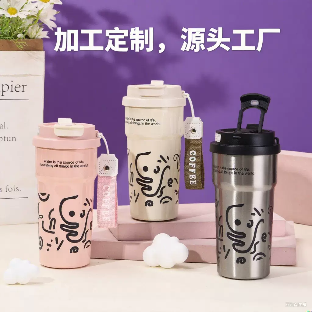 新款高颜值咖啡杯陶瓷内胆保温杯便携吸管双饮口随行杯现货批发