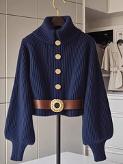 フランスの軽豪華なシックな青いニットの女性秋冬の新型はやせています。