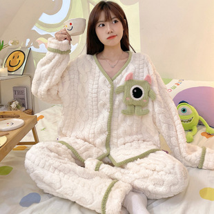 Winter Cut Flower Velvet Thickened Simple Casual Pajamas Women's Long-sleeved Explosive Warm fleece-lined Home Clothes Women's Suit