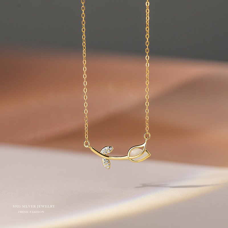 s925 Sterling Silver Tulip Necklace Women's Korean Style Opal Light Luxury Niche Design Elegant Rose Collarbone Chain