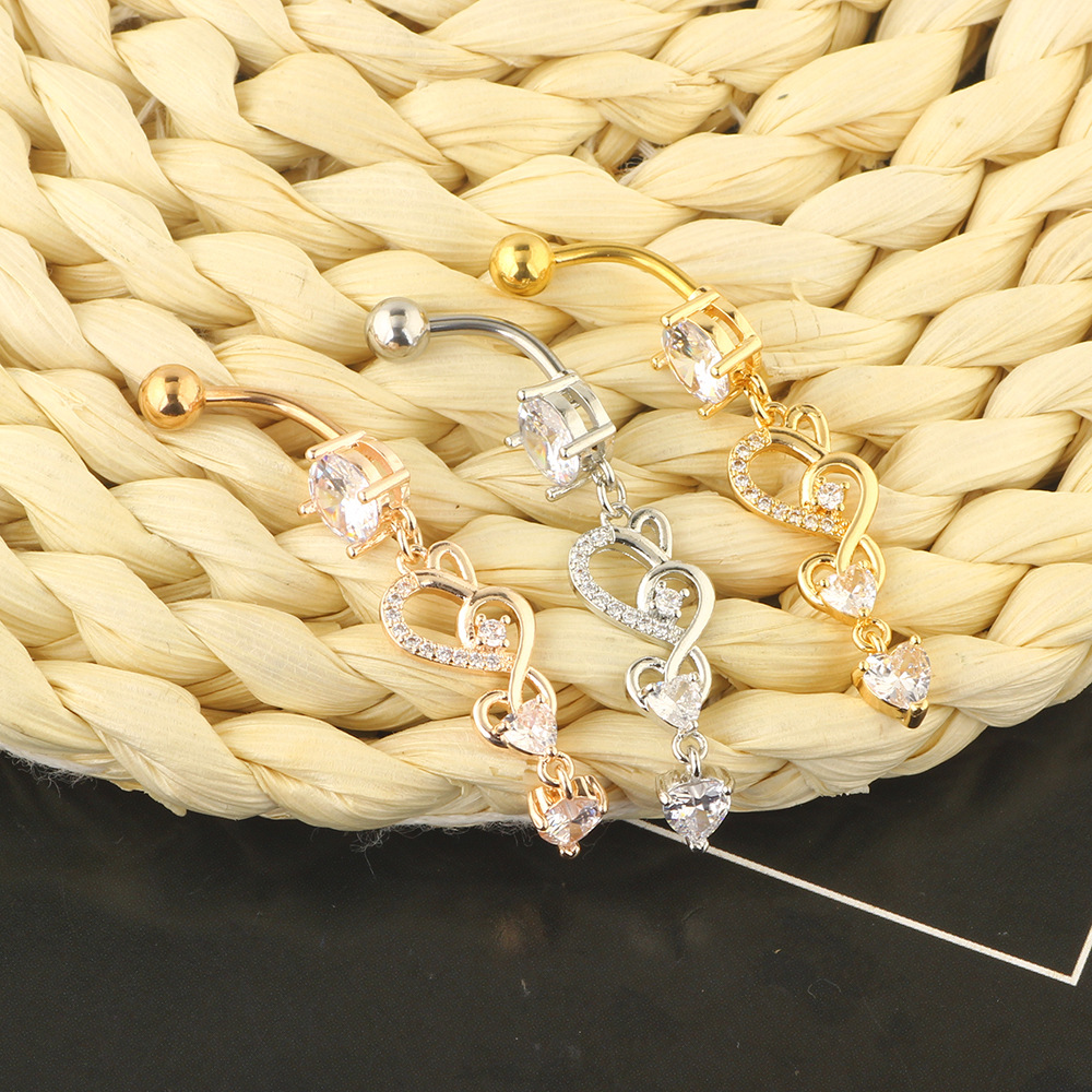 Double Heart Long Zircon Belly Button Ring Navel Piercing Jewelry Rose Gold detail image 7