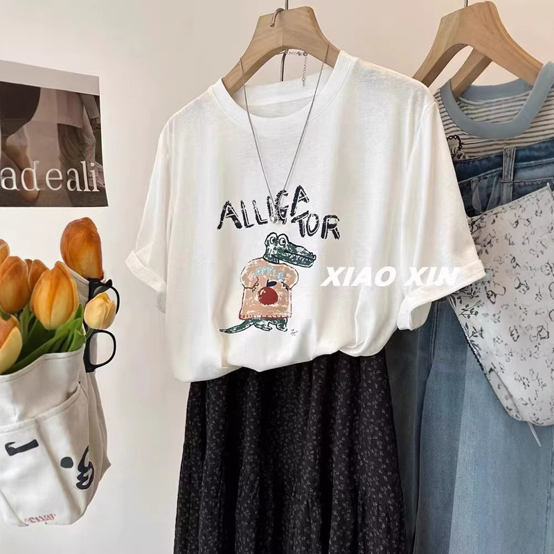 Cross-Border Plus Size 120kg Crocodile Cartoon Print Casual Cool Snowflake Cotton Short-Sleeve T-Shirt Women's Loose Top Cross-Border Plus Size 120kg Crocodile Cartoon Print Casual Cool Snowflake Cotton Short-Sleeve T-Shirt Women's Loose Top