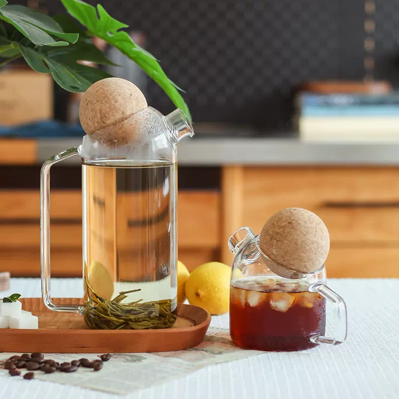 软木球茶具侧玻璃把冷水饮料壶家用民宿酒店果汁花茶壶球球凉水壶