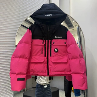 潮牌短款工装羽绒服女装字母白鸭绒2025秋冬新款连帽拼接撞色外套