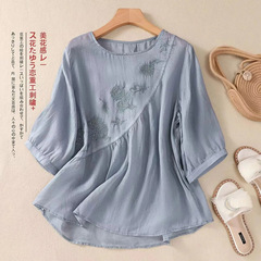 2024春夏純色新作文芸レトロ刺繍綿麻女装ゆるい丸首母服tシャツ上着