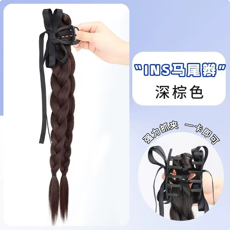 Black five-tooth bow two-strand braid-dark brown