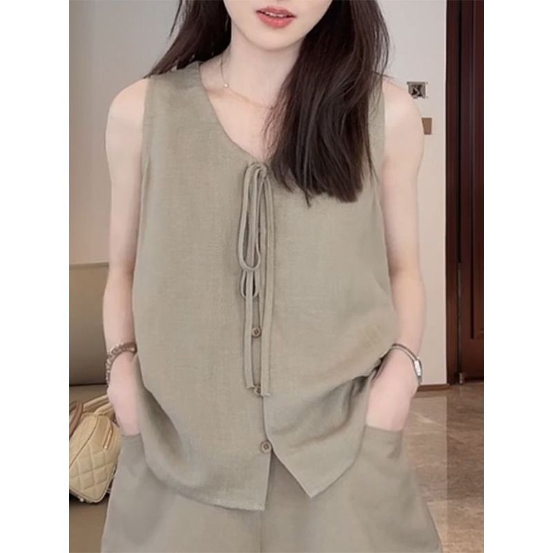 法式复古时尚松弛感绑带无袖背心女夏季简约百搭休闲V领宽松上衣|undefined
