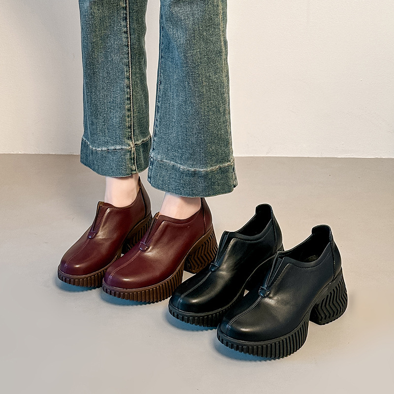 Vintage Leather Shoes for Women, New Autumn and Winter Style, Brown Thick-Soled Chunky High Heels, Height-Increasing Loafers for Petite Women Vintage Leather Shoes for Women, New Autumn and Winter Style, Brown Thick-Soled Chunky High Heels, Height-Increasing Loafers for Petite Women