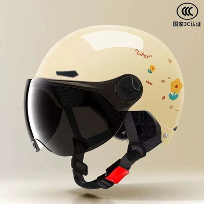 3C certified national standard helmet with small floral pattern, suitable for electric vehicles, motorcycles, and scooters, universal for all seasons, half helmet (Motosiklet dəbilqələri) - black-tea-colored-short-glasses-sun-protection-hot-selling-item-with-a-significant-price-reduction-huiqi-177-khaki-color-small-flower-3c-national-standard-hot-style-straight-discount-big-discount