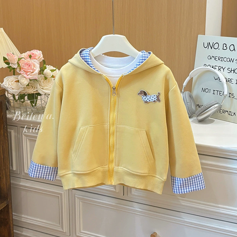 Детская весна и осень новый мультфильм вышивка щенок с капюшоном Мальчик девочка молния милый дикий свитер пальто прилив