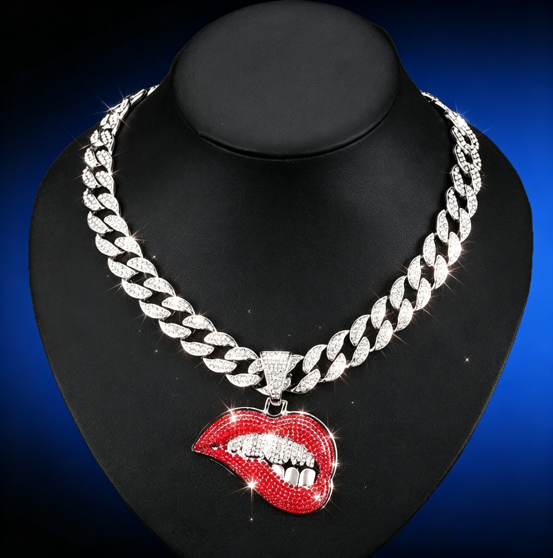 Personalidad hip hop diamantes de color sexy mordida labios moda creativa colgante hip hop cubano accesorios de cadena collar de hombre