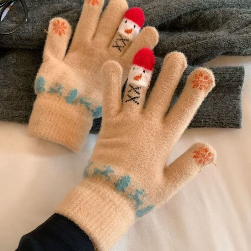 冬季全包五指手套可爱雪人针织可触屏加厚保暖骑行防寒棉手套|undefined