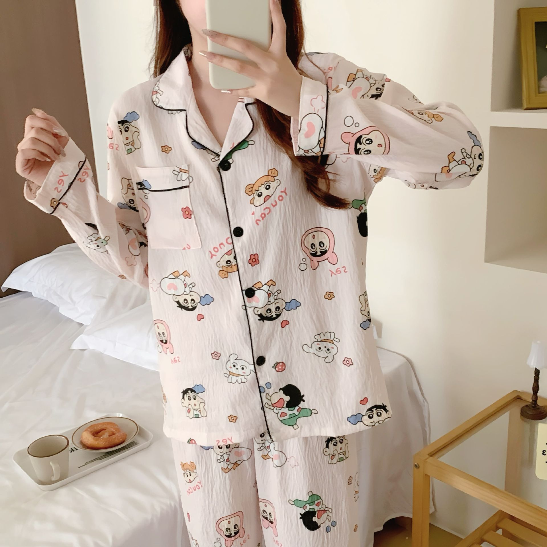 Al por mayor transfronterizo nuevo pijama de mujer pantalones de manga larga nubes de algodón lindos dibujos animados estudiantes cardigan con solapa cubierta de ropa para el hogar