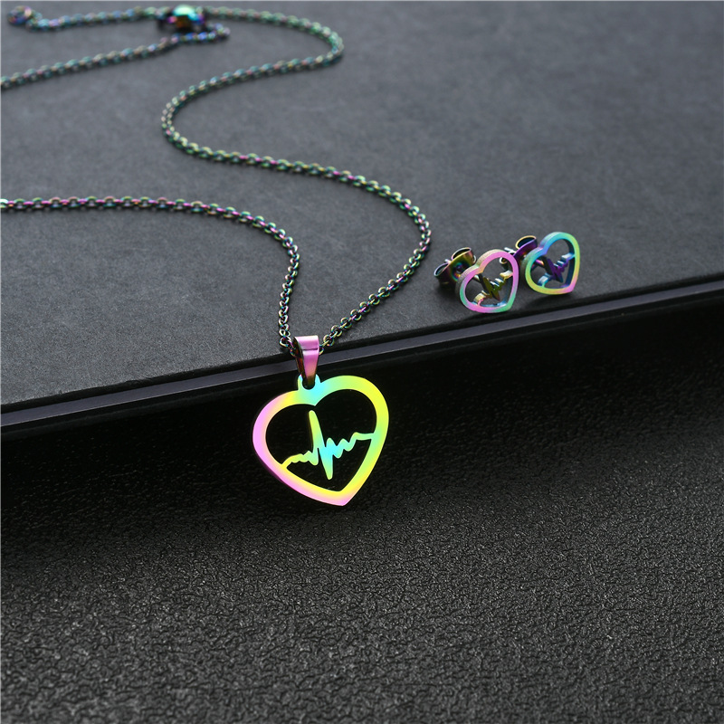 ECG Pendant Stainless Steel Colorful Heart-shaped Clavicle Chain Earring Set