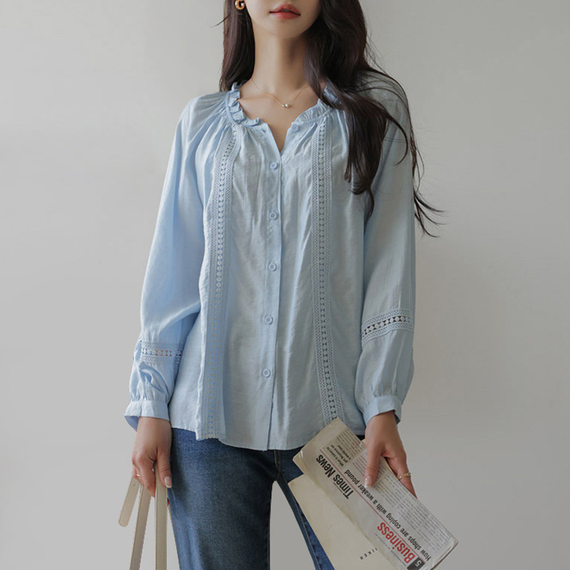 Spring and Summer Design Sense Niche Lace Crochet Lantern Sleeve Sleeve Shirt Ruffled Collar Girly Sense Solid Color Top