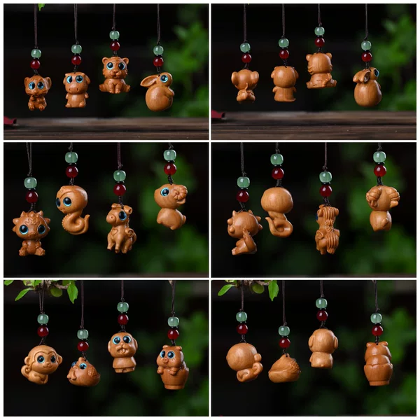 Chinese-Style Agarwood Car Keychain with Twelve Zodiac Signs, Cute Bag Phone Pendant Gift Pendant