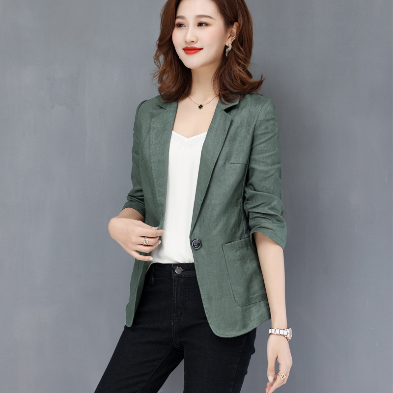 Cotton and Linen Artistic Blazer, New Thin Style Slim Fit Linen Suit, Three-Quarter Sleeve Women's Casual Spring and Autumn Simple Jacket