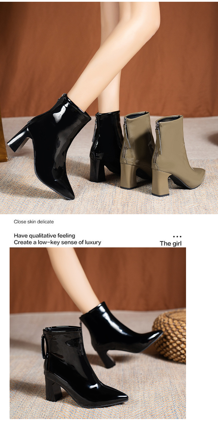 High heeled short for women autumn and winter new British style pointed patent leather thick heel fashion Martin_voghion.com