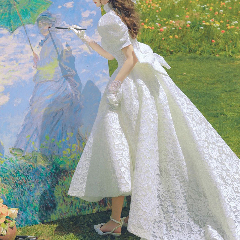 French-Style Light Wedding Dress 2026 New Model Runaway Princess Bride Small Train Lace Puff Sleeve Elegant Gown