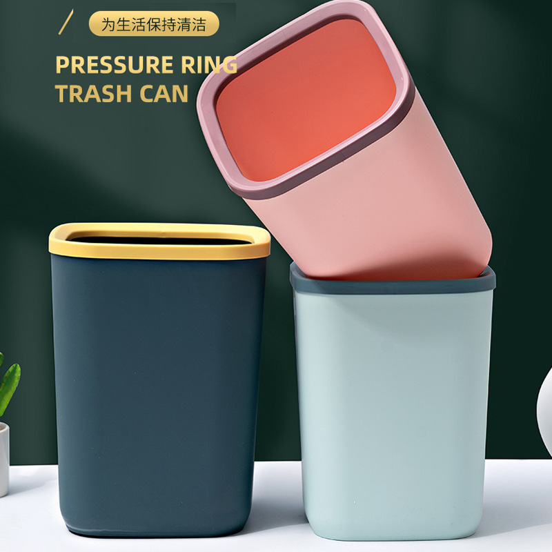 Multi-Color Toilet Trash Can Wholesale Plastic Pressure Ring Dust Basket Living Room Nordic Contrast Color Creative Household Trash Can