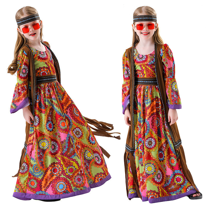 Halloween European and American Retro Disco Hippie Cos Hawaiian Vacation Hong Kong Style Performance Clothing Kidsren's Dress Halloween European and American Retro Disco Hippie Cos Hawaiian Vacation Hong Kong Style Performance Clothing Kidsren's Dress