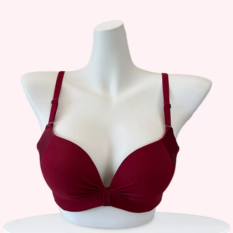 热销款性感拼接透气本命年酒红色内衣无钢圈小胸聚拢无痕文胸套装