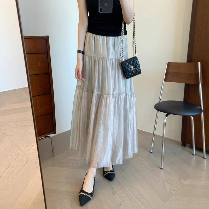 Slightly Wrinkled Texture, Pearlescent, Light and Soft A-Line Skirt, Three-Section Mid-Length, Light and Soft Skirt, High Waist and Slimming Look, 6 Colors