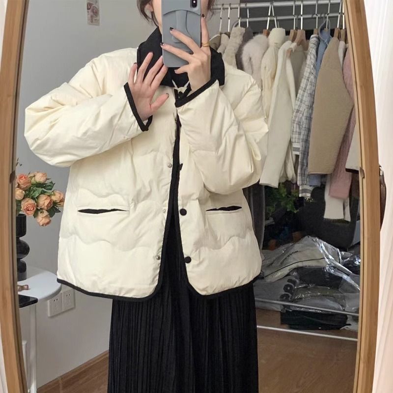 2025轻薄棉服翻领短款拼接小香风新款冬季女外套秋冬款棉衣棉袄