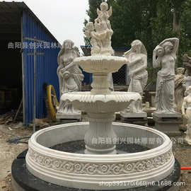 石雕喷泉汉白玉石材流水钵欧式鱼池别墅庭院小天使黄锈石风水球