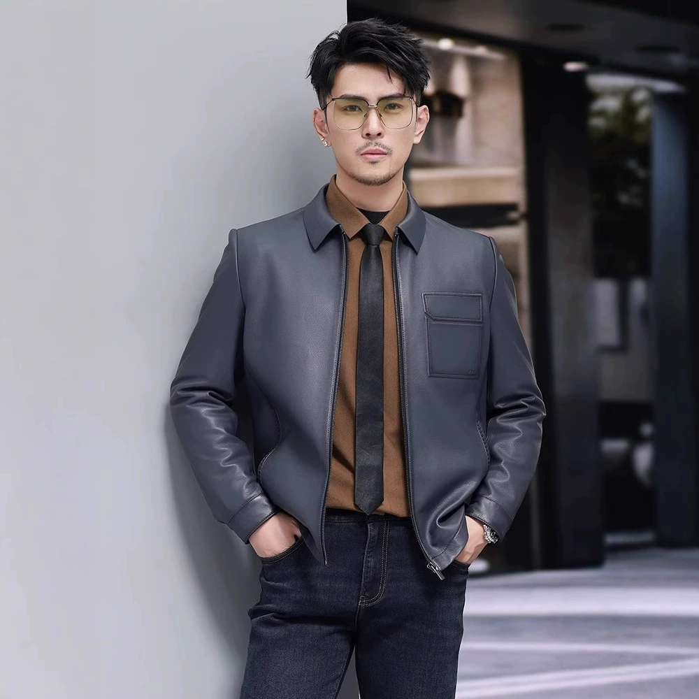 Короткая модная рубашка, жакет, натуральная кожа, slim fit