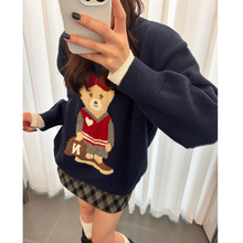 韩版25秋冬可爱提花小熊毛衣长袖毛衣宽松百搭软糯针织男女情侣装