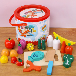 Barrel simulation fruit cutting tableware pot set suit vegetable and fruit cutting Play House wooden kitchen toys