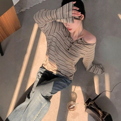 美式辣妹一字肩宽松条纹长袖T恤女2025春秋季新款打底衫露肩上衣
