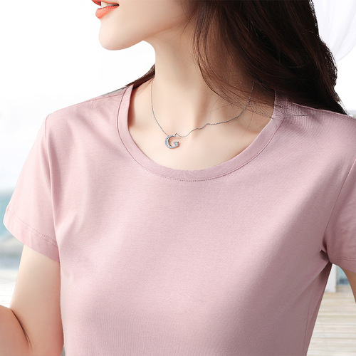 Women's Summer Straight Short-Sleeve T-Shirt in Bare Pink, Plus-Size Basic Top with Pure Color Small Round Collar
