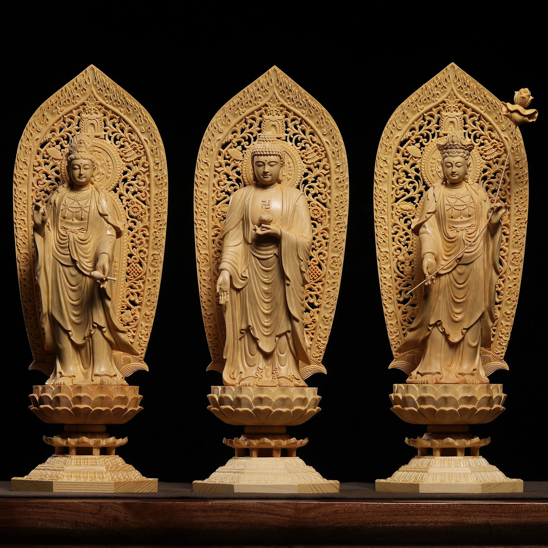 桧木精雕西方三圣大势至阿弥陀佛观音菩萨佛像装藏摆件家居装饰品