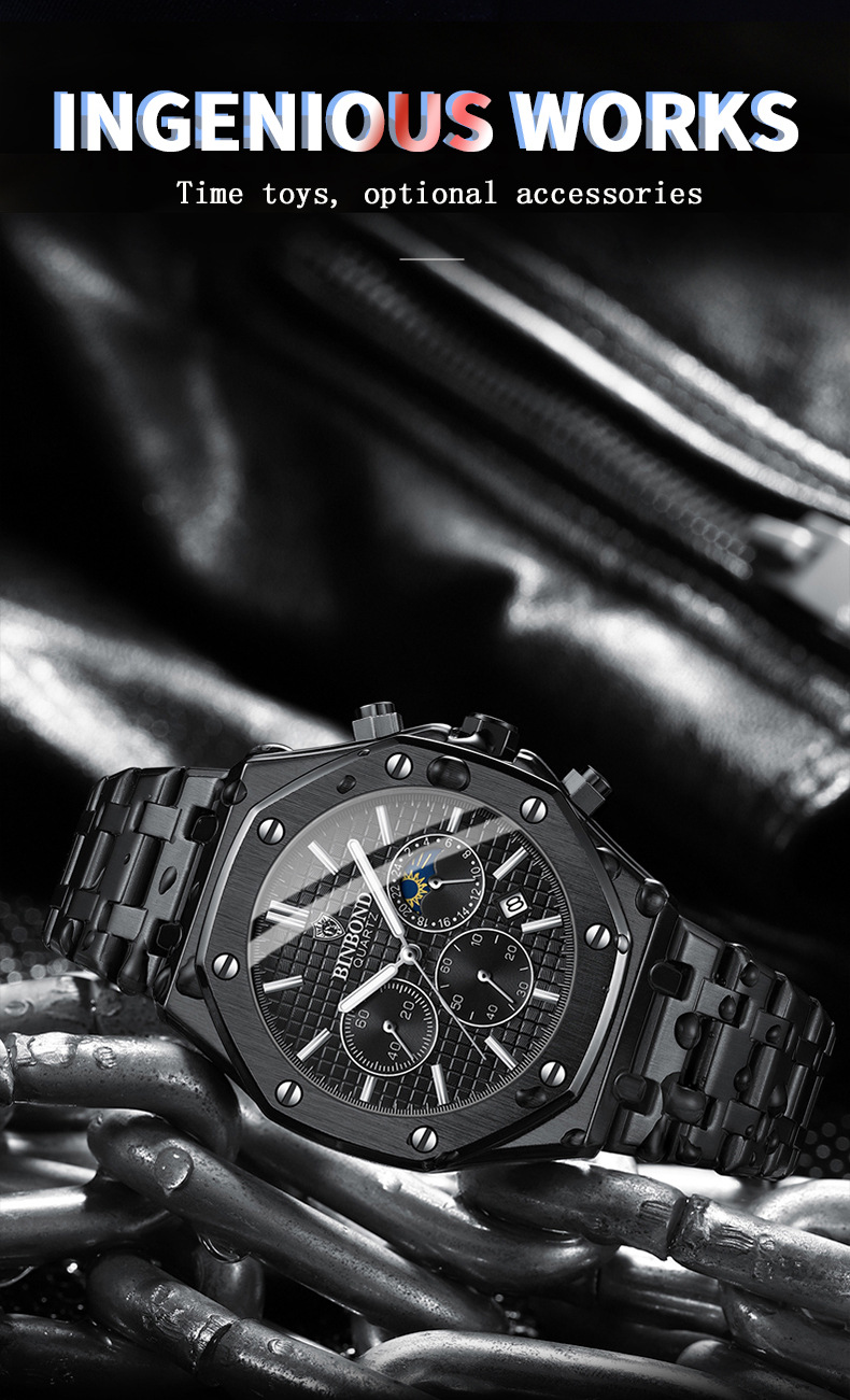 New Watch Hot Selling Model: Binbang High-end Three Eye Six Needle Multifunctional Lunar Phase Steel Band Multifunctional Men's Watch Watch_voghion.com