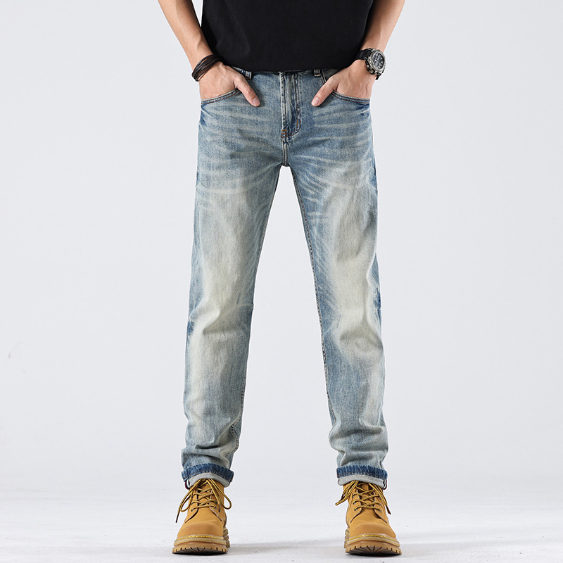 European and American High-End Light-Colored Men's Jeans Spring and Summer New Stretch Slim Straight Fashion Trendy Brand Premium Tapered Pants