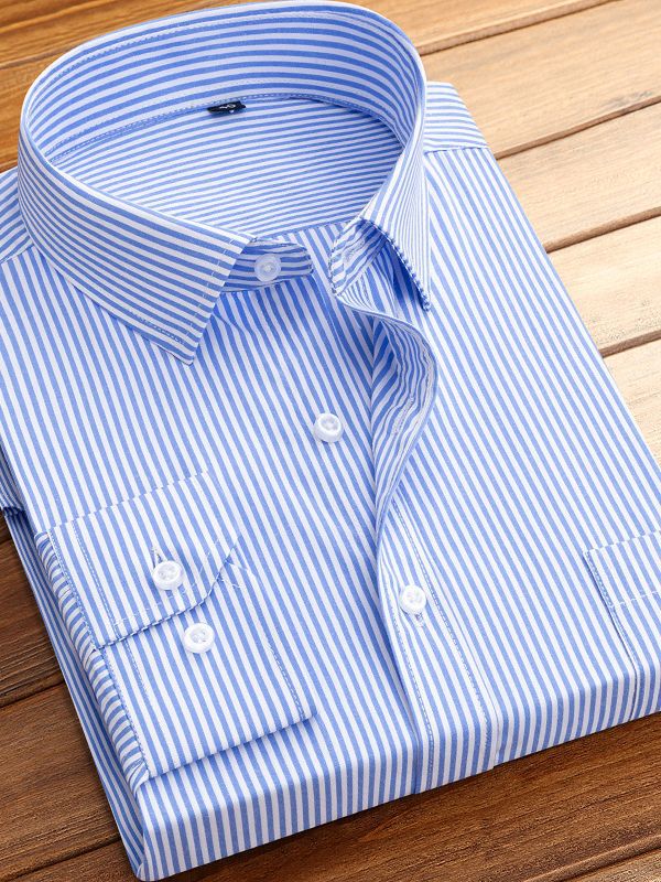 Camisa a rayas de manga larga de mediana edad y ancianos bolsillo papá usa camisa casual de negocios de los hombres poliéster algodón cuatro estaciones camisa a juego