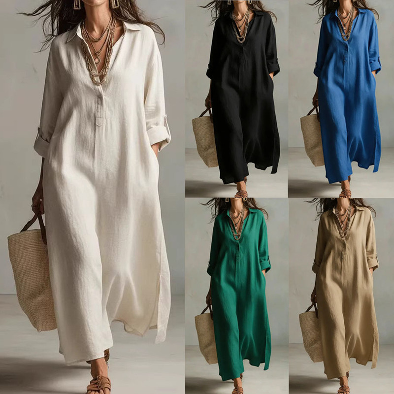 Cross-Border European and American 2026 Spring/Summer New Cotton and Linen Dress, Solid Color Turn-Down Collar Long-Sleeve Shirt Dress, Casual Style Dress