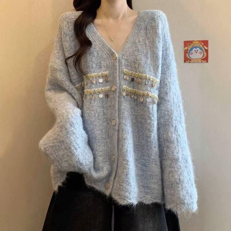 2026 Fall/Winter New Sequin Design Knitted Cardigan Korean Style Loose Sweet Gentle Sweater Coat for Women