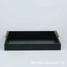 亚马逊木质托盘纯金色扶手餐具茶具水杯收纳盘新中式酒水茶盘