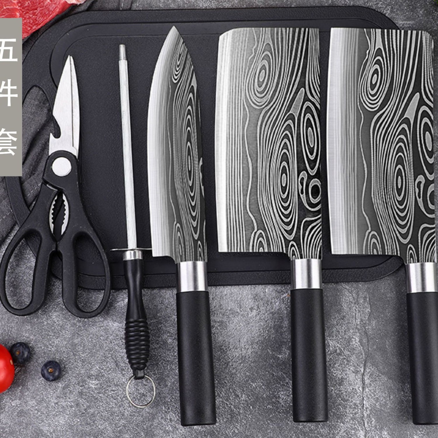 En stock fábrica auto-venta Damasco patrón alemán plato cuchillo conjunto láser patrón rebanador cuchillo hueso cuchillo hogar cuchillo conjunto