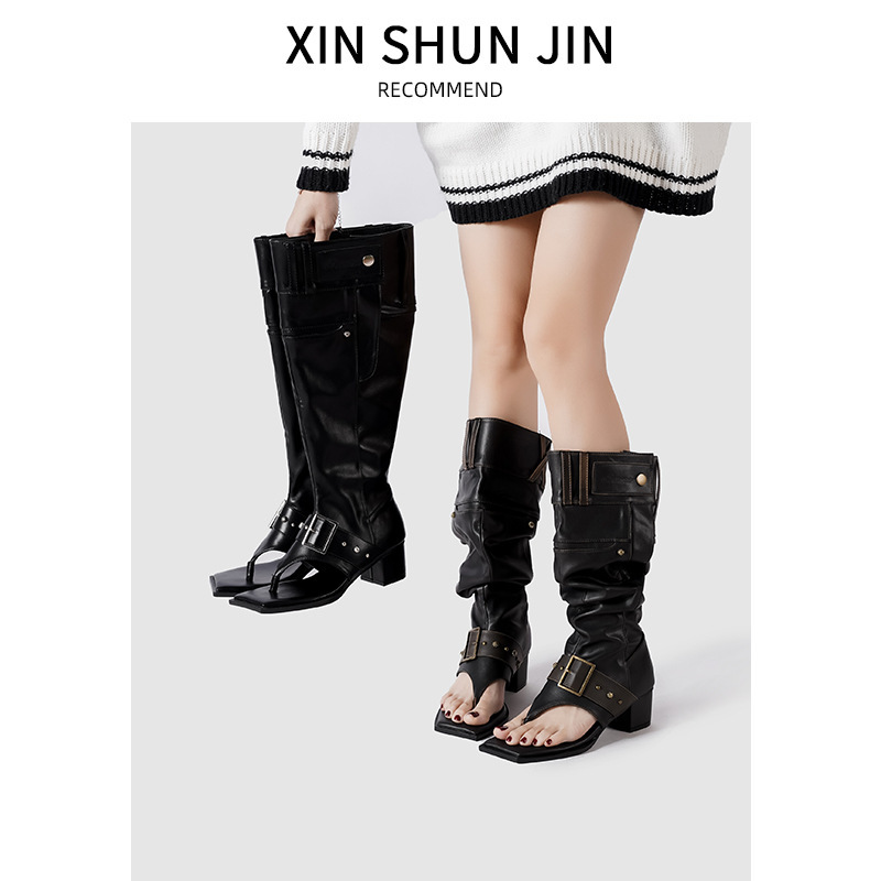 Retro Knight Boots Sexy No More Than Knee Boots Large Circumference 2025 Spring Square Toe Thick Heel Thong Toe Slimming Look Pile Boots for Women