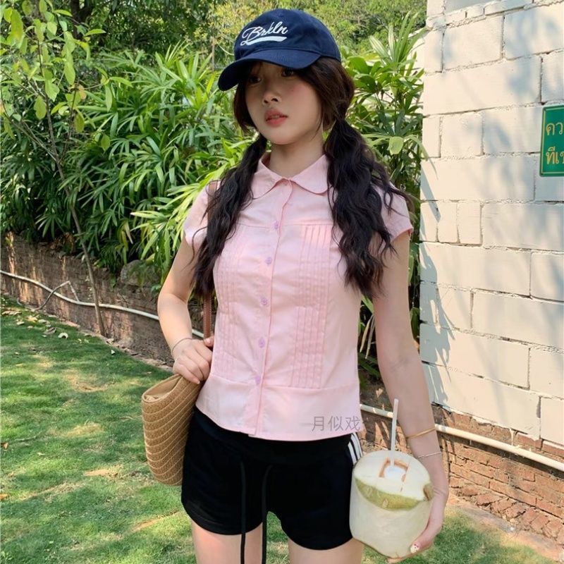 여성을위한프렌치스위트플라잉슬리브핑크반팔셔츠여름2025새로운디자인허리슬리밍짧은탑