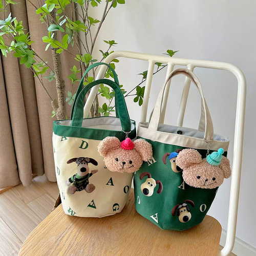Fun Cartoon Cute Dog Cylinder Lunch Box Bag Personalized Creative Letter Portable Student Commuting Contrast Color Lunch Box Bag