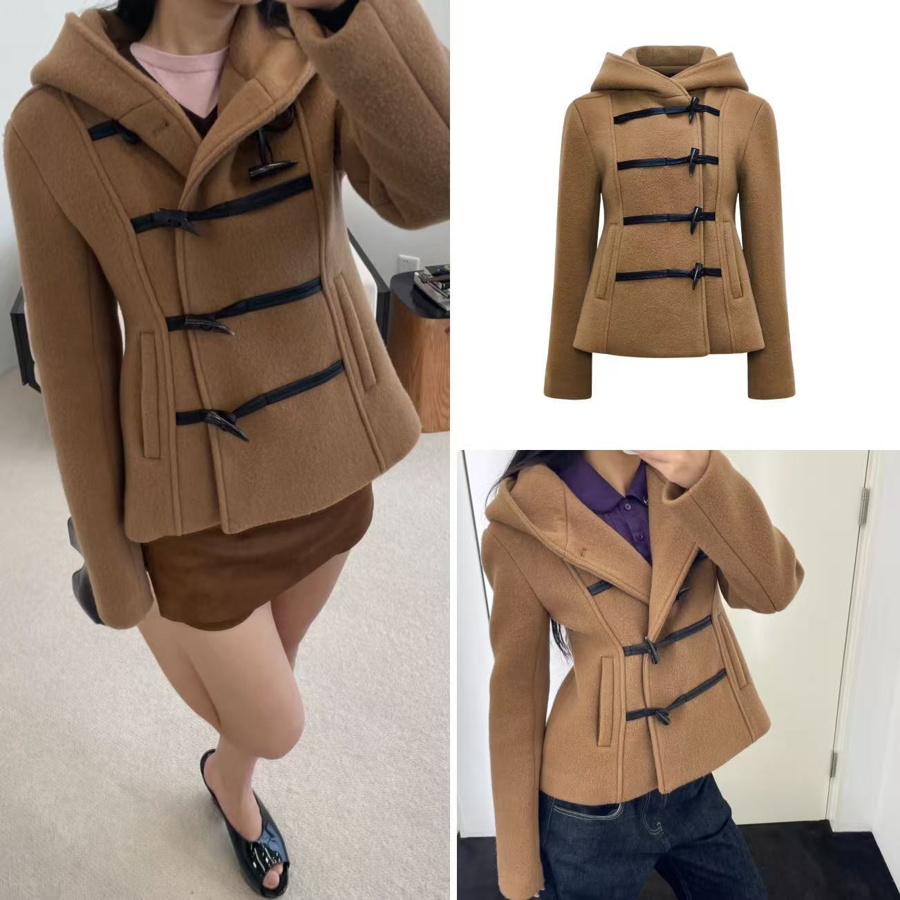 Ra Horn Button Short Hooded Woolen Jacket Khaki