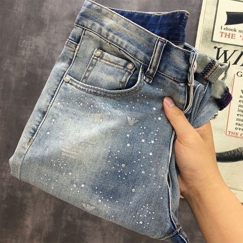 Popular Starry Sky Rhinestone Jeans Trendy Men's Summer Thin Stretch Slim Fit Shiny Trendy